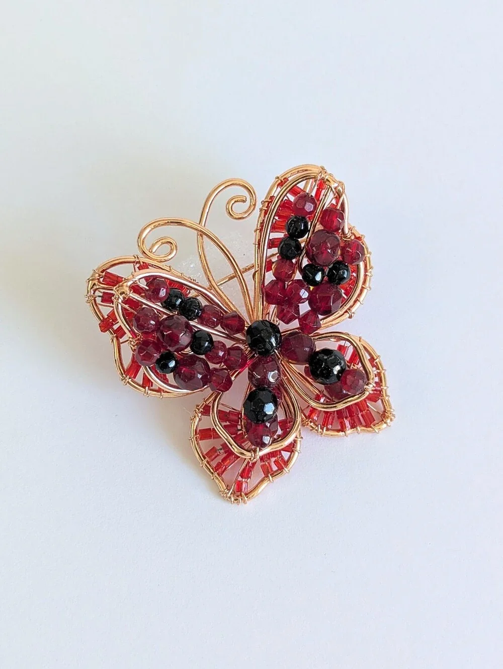 Vintage Wire Wrapped Butterfly Brooch Red Garnet Black Bead Art Glass Boho Pin